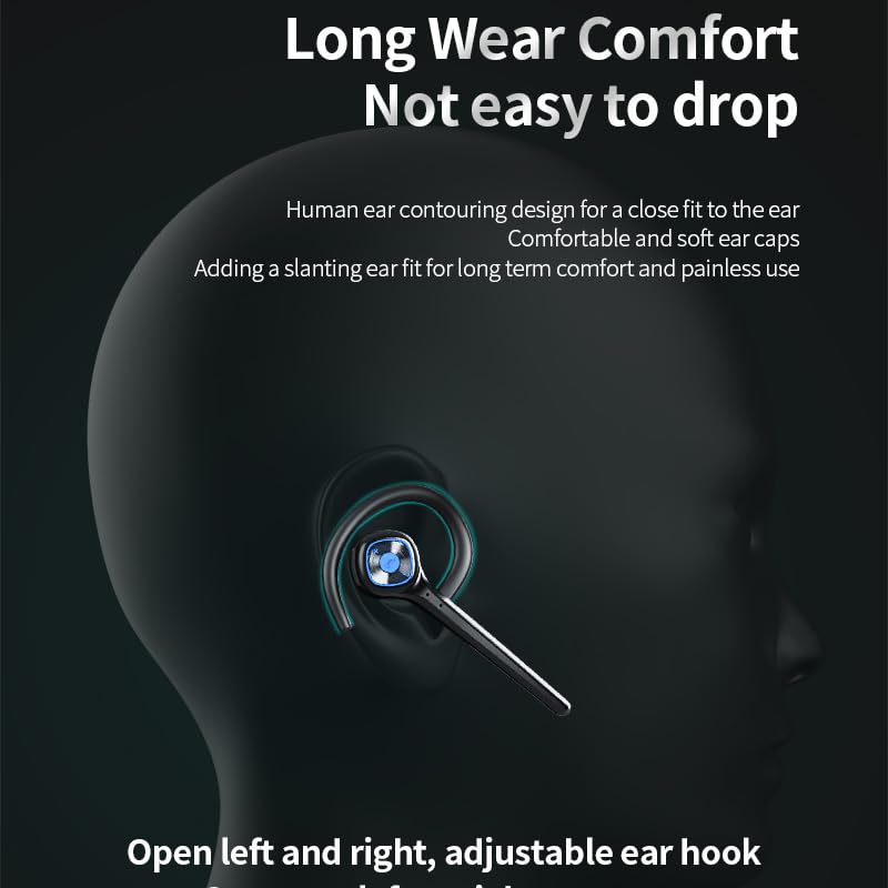 IHAO Wireless Bluetooth Earpiece Headphone Dual Noise Cancelling Mic Painless Open-Ear Handsfree Headset Stereo Sound Left/Right Changeable Earhook Earphones for Driving/Business/Gym Single Ear Black