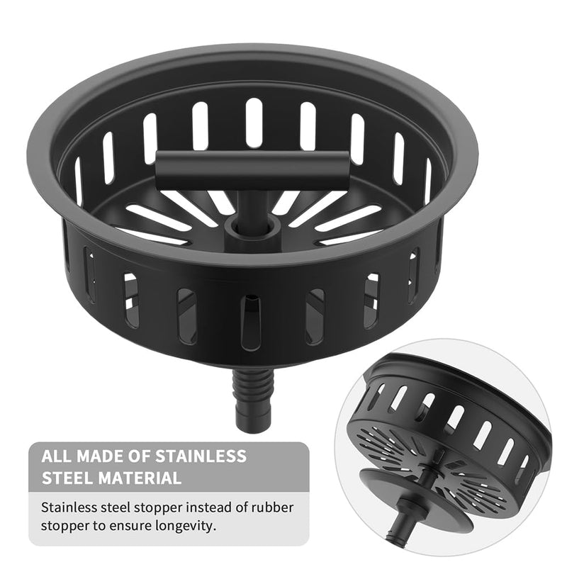 KONE Black Kitchen Sink Drain Matte Black Sink Strainer 3-1/2 Inch Drain Assembly Kit Replacement for Universal 3.5 Inch Kitchen Sink, All Stainless Steel Body with Strainer Basket and Drain Stopper Pure Black