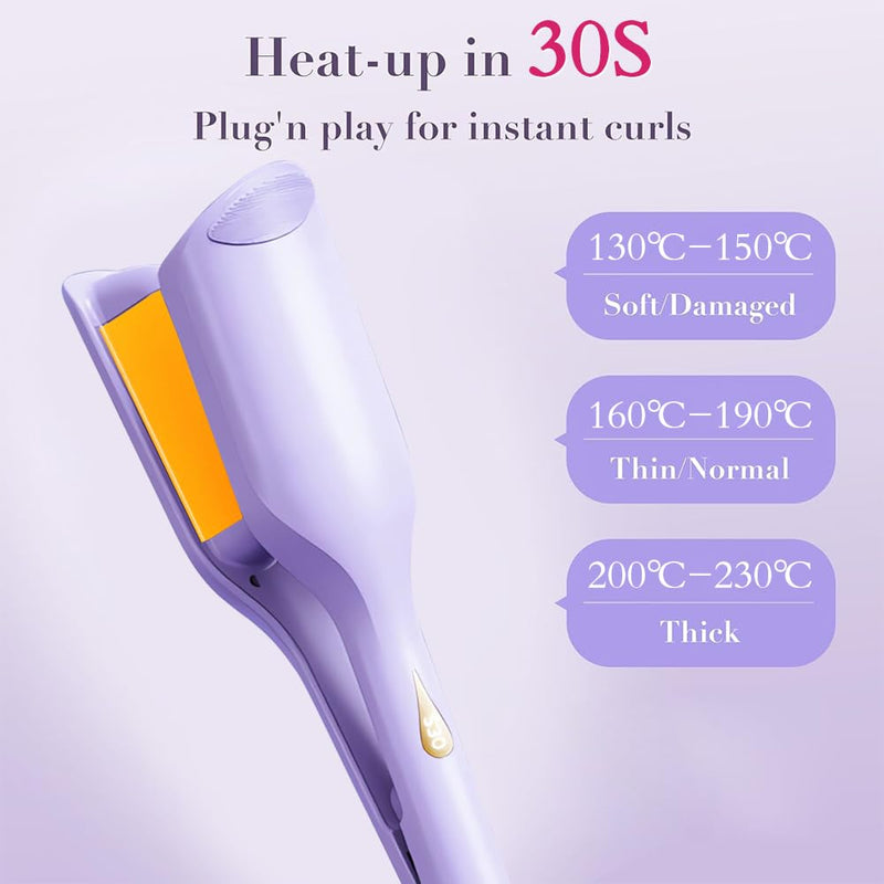 Hair Waver Crimper, 32mm Mermaid Hair Waver for Women, French Wave Curling Iron with 11 Temperatures, Anti-Scald Iron Wand Hair Curler for Short, Medium, Long Hair(Purple) Purple