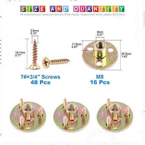 Glarks 64Pcs M8(5/16'') Brad Hole Tee Nut with Mounting Screws Set Zinc Plated Carbon Steel 3-Hole T-Nuts Furniture Hardware Flange Insert Female Thread for Wood Furniture 5/16''(M8) - 64Pcs