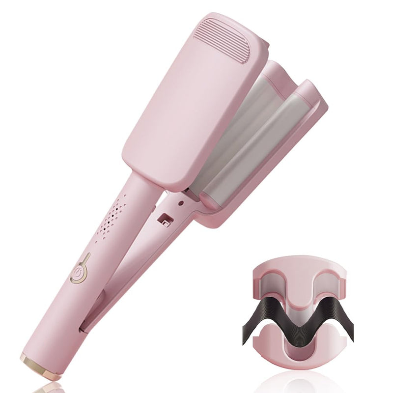 French Wave Curling Iron 32mm - Mermaid Hair Styler With 4 Gears Temperature, Fast Heating Curler for Long Short Hair, Pink