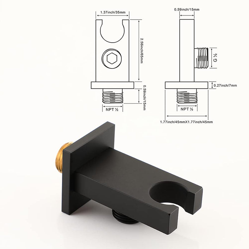 Asyas Solid Brass High Pressure Hand Held Shower Square Sprayer Head with Fixed Elbow Wall Connector Shower Holder and Hose Set Matte Black Black handheld set