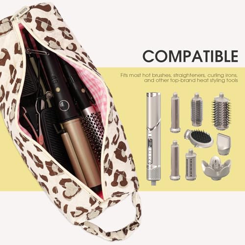 4pcs Hair Tools Travel Bag Soft Compact Case Compatible with Airwrap & Shark Flexstyle, Curling Iron & Flat Iron Storage Organizer, Portable Hair Accessories Bag Bow & Leopard & Cherry & Blue Flower 4