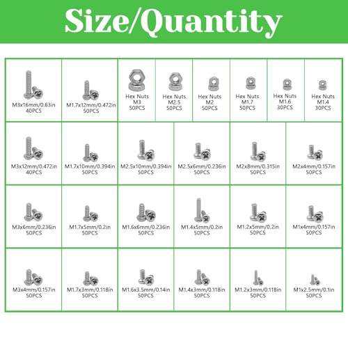 1240Pcs 304 Stainless Steel Metric Micro Screws Nuts Assortment, M1 M1.2 M1.4 M1.6 M1.7 M2 M2.5 M3 Sizes, Micro Phillips Head Pan Head Screws, Fully Threaded Kit for Arduino, RC Models, Electronics M1/1.2/1.4/1.6/1.7/2/2.5/3-1240Pcs