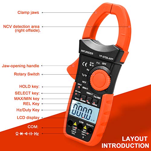 Digital AC/DC Volt Amp Clamp Meter,Wireless Bluetooth Auto Ranging 1000A Ammeter Clamp Multimeter for Voltage,Current,Ohm,Cap,Temperature Tester 2.YF-570S-APP AC DC Current Clamp with BT