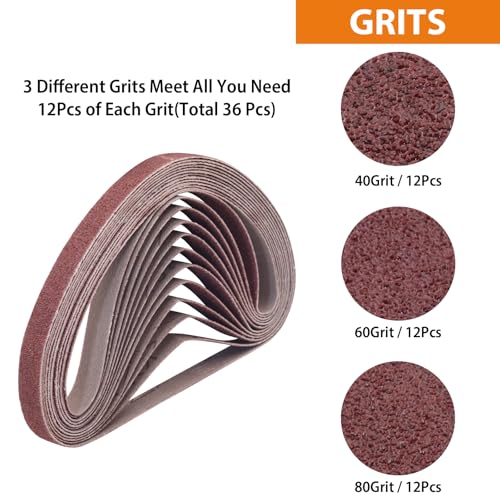 TAOKYID 36 Pack 1/2 x 18 Inch Sanding Belts for Air Belt Sander, Aluminum Oxide File Abrasive Belts 1/2-Inch x 18-Inch, 12 Each of 40/60/80 Assorted Grits 1/2x18 Sanding Belt Sandpaper 1/2x18 inch 36Pcs