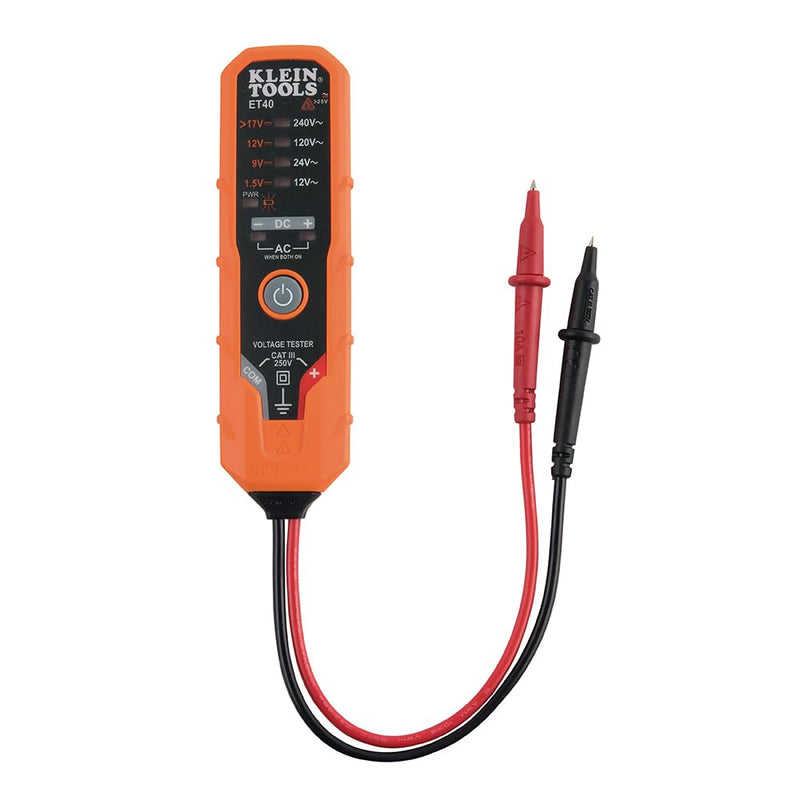 Klein Tools ET40 Digital AC/DC Voltage Tester, 12-240V AC, 1.5-24V DC, LED Illumination, DC Polarity, Auto Off, CAT III 250V-Class 2- Double Insulation, IP41 Dust and Water Resistant 12/240 V