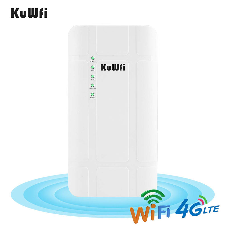 KuWFi 300Mbps Outdoor 4G LTE CPE WiFi Router with Sim Card Slot CAT4 SIM Routers with POE Adapter Work with IPcamera or Outside WiFi Coverage (US Version B2/B4/B5/B12/B13/B14/B66/B71) QC300K