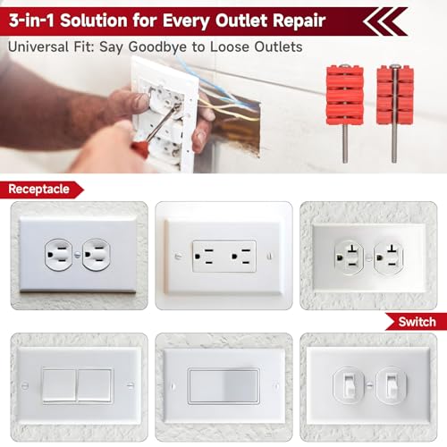 52PCS Outlet Spacer Kit -24 Stackable Spacers - 6 Metal Shims - 6 Cut-to-Size Tubes -16 Long Screws - Perfect Receptacle Shims for Fixing Loose -Sunken or Misaligned Electrical Outlets & Wall Switches Fiery Red