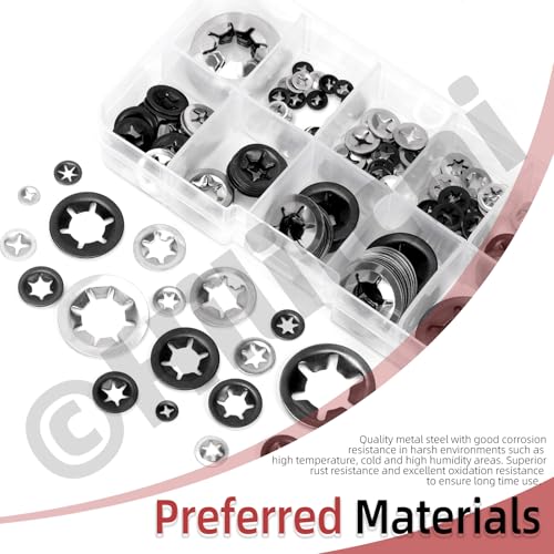 Hilitchi 209Pcs 9 Sizes Internal Tooth Star Lock Washers Set include: M2 M2.5 M3 M4 M5 M6 M8 M10 M12 304 Stainless Steel Quick Speed Locking Washers Steel Black Oxide Finish Locking Washer withTweezer