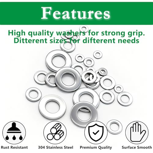 550PCS Flat Washers Assortment Kit, 12 SAE Sizes- 1/2, 7/16, 3/8, 5/16, 1/4, 3/16, 12#, 10#, 8#, 6#, 4#, 2#, (18-8) 304 Stainless Steel Washers for Screws, Metal Washers for Bolts SV 2# -1/2" (550PCS) Flat Washer