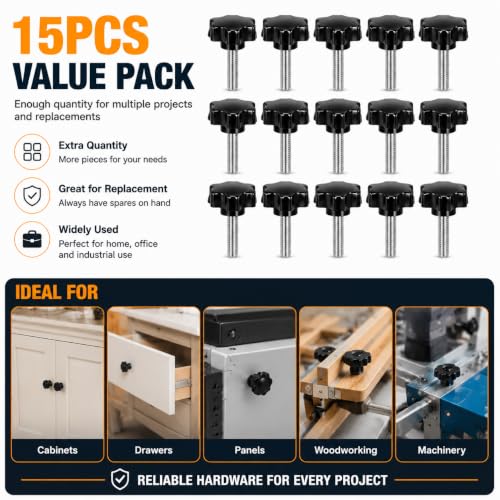 15PCS 1/4"-20 Black Star Knobs, Threaded Thumb Screw Handles