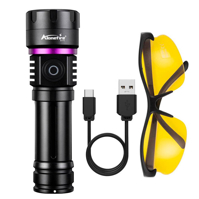 ALONEFIRE SV115 365nm UV Flashlight 30W Powerful Blacklight USB C Rechargeable Black Light for Pet Urine Detector, Scorpion, Resin, Bed Bug, Fishing with UV Protective Glasses, Rechargeable Battery