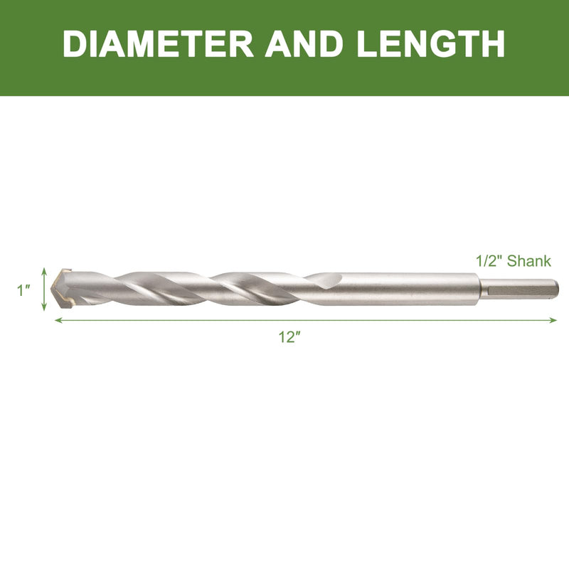 1" x 12" Masonry Drill Bits 1 inch Concrete Hammer Drill Bits Carbide Tipped, for Cement, Brick, Stone, 3-Flat Shank 1" X 12"