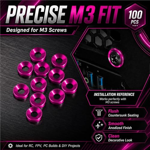 100PCS M3 Aluminum Countersunk Washers, Washer Kit for RC Cars, FPV, Robots pink