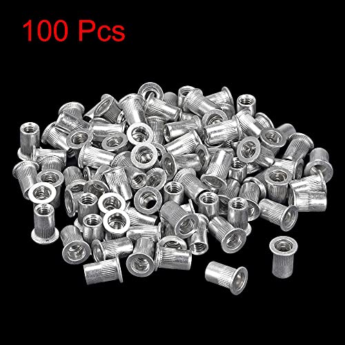 uxcell 1/4-20 Rivet Nuts Aluminium Alloy Knurled Flat Head Threaded Insert Nut Silver 100pcs 100