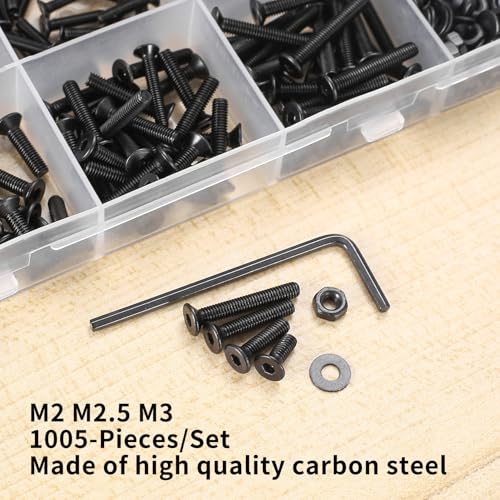 1005 Pcs M2 M2.5 M3 Metric Screw Assortment, Assorted Nuts and Bolts, Flat Head Hex Socket Cap Screws Bolts and Nuts Set, Black Hex Socket Countersunk Screws with Washers Kit M2,M2.5,M3 1005