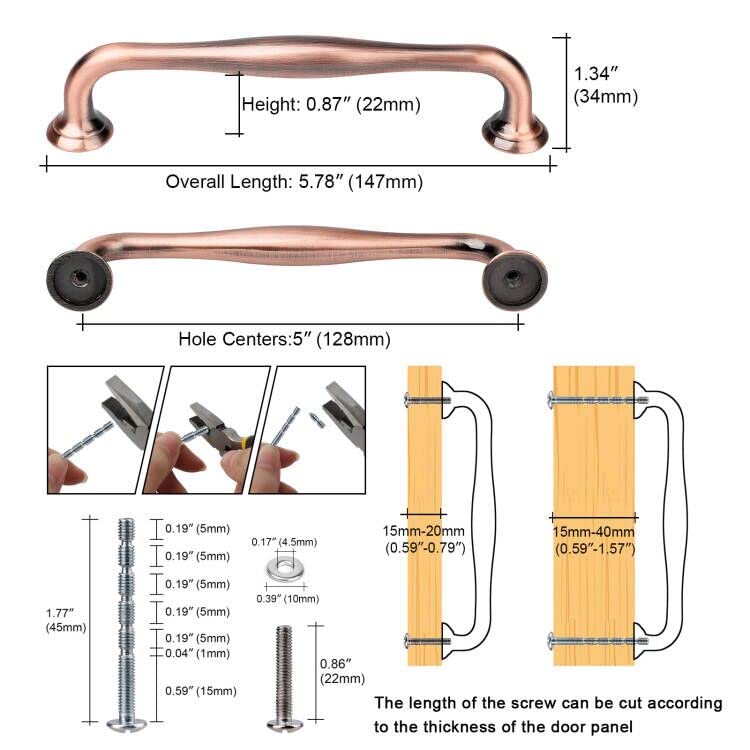 WEAVERBIRD 6 Pack Cabinet Handles Red Copper 3-3/4" Hardware Pull Handles, Antique Dresser Drawer Pulls 96mm Furniture Drawer Pulls 96 mm