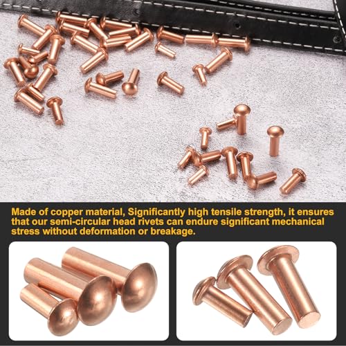 uxcell 150 Pcs Copper Solid Rivets, 0.16"x0.47" Half Round Head Rivet Metal Fasteners for Electrical Applications, Leather DIY Craft Supplies (M4x12) 0.16"x0.47"