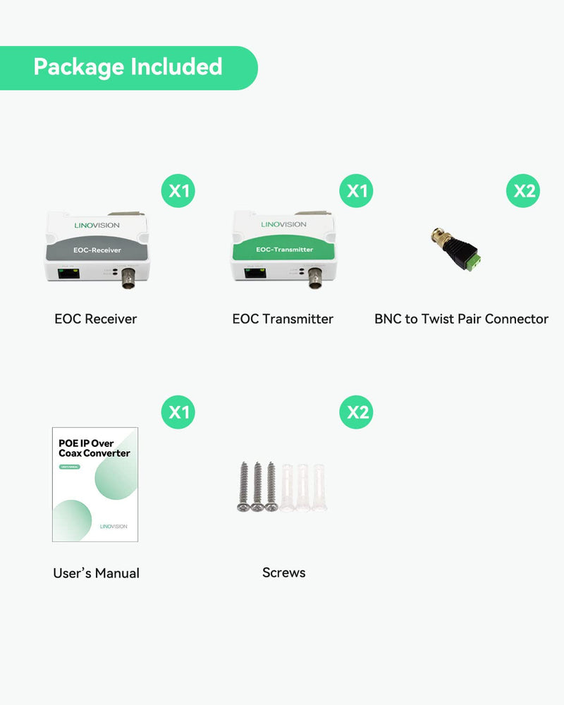 LINOVISION POE Over Coax EOC Converter IP Over Coax Max 3000ft Power and Data Transmission Over Regular RG59 Coaxial Cable for Upgrading Analog Surveillance System to IP Surveillance System 1 pack