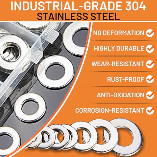 Stainless Steel Flat Washers Assortment Kit, SAE 304, 300-Piece Metal Screw Washers Set for Bolts, 8 Sizes #6; #10; #12; 1/4"; 5/16"; 3/8"; 1/2" Stainless Steel - 300Pcs