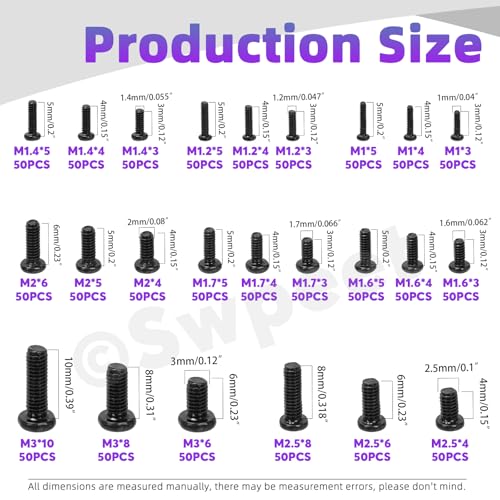 Swpeet 1200Pcs 24 Sizes M1 M1.2 M1.4 M1.6 M1.7 M2 M2.5 M3 Phillips Flat Head Machine Screws Assortment Kit, Small Cross-Head Flat Round Head Screws Tiny Fastener for Furniture Connection Black