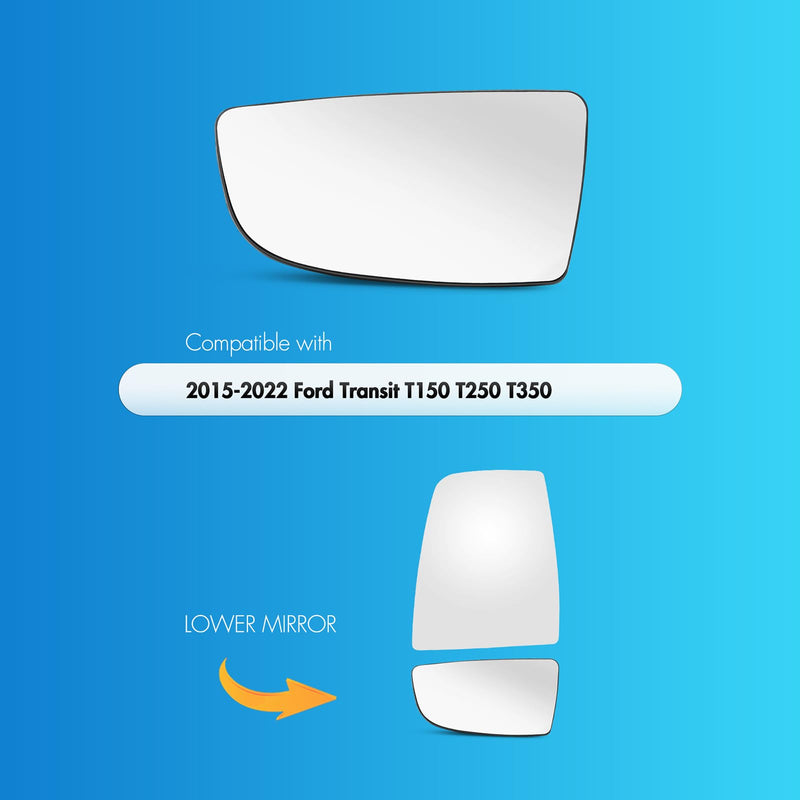 Compatible With 2015-2022 Ford Transit T150 T250 T350 Driver Side Mirror, Replacement for 2014-2020 Transit MK8 Left Side Mirror Glass, Lower Mirror with Backing Plate