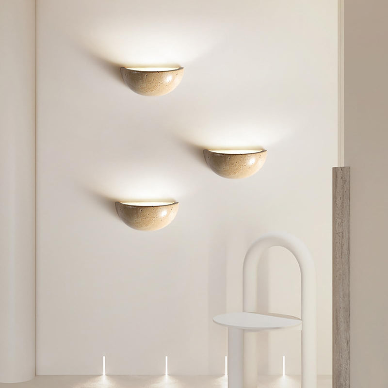 Wabi Sabi Art Lighting Fixture, Modern Marble Semi Circle Yellow Travertine Wall Sconce, Japanese Style Natural Stone Lampshade Bedside Wall Light for Bedroom Kitchen Foyer Entryway Stairs