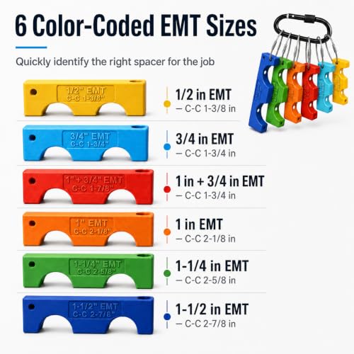 6 Piece Magnetic EMT Conduit Spacer Set, Color-Coded Electrical Conduit Spacers for 1/2, 3/4, 1, 1-1/4, 1-1/2 in EMT tools, Electrician Tools for Pipe Spacing and stud spacer framing