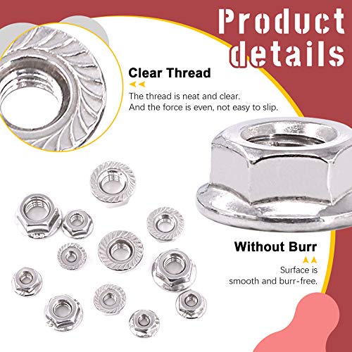 Hilitchi 100Pcs 304 Stainless Steel Serrated Flange SAE Hex Lock Nuts 1/4-20 5/16-18 3/8-16 10-24 8-32 6-32 Bright Finish Hex Flange Nuts Assortment Kit 100Pcs SAE Hex Flange Nuts