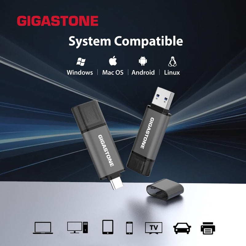 GIGASTONE 128GB Dual Flash Drive (2 Pack) Z40 USB 3.2 Gen 1, 2-in-1 Type-A & Type-C, 100MB/s Ultra Fast, Head Cap Design, Plug & Play for Smartphone/PC/Mac/TV/Car Audio, USB 2.0/3.0/3.1 Compatible Dual A+C 2-Pack