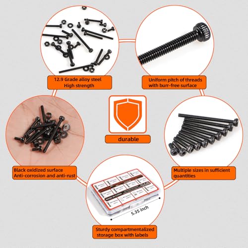 M2 Metric Hex Socket Head Cap Screws Assortment Kit, 960PCS, Black Alloy Steel, M2 Thread, Hex Head, Suitable for 3D Printers, Electronics, Furniture Repair, Mechanical Maintenance, Automotive