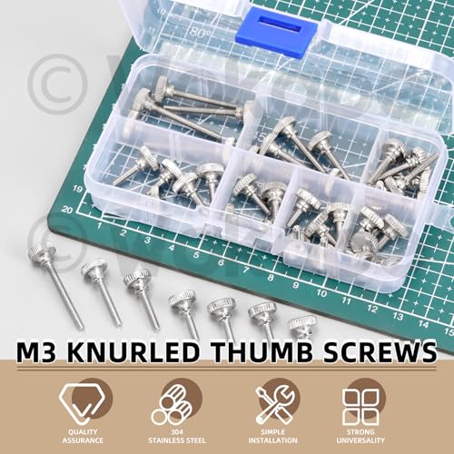 42Pcs M3 Knurled Thumb Screw Assortment Kit, M3*6/8/10/12/16/20/30MM Nickel Plated Iron Knurled Thumbscrew Flat Knurled Head Fully Threaded Bolts Fastener with Shoulder Grip Knobs Fasteners