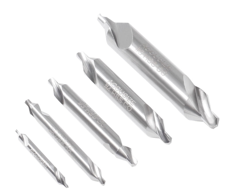 Accusize Industrial Tools 5pc ANSI M42 (H.S.S. + 8% Cobalt) Center Drill Set, 0556-5500 | ANSI M42 (HSS + 8% Cobalt), Plain Style, 60° Included Angle, Right Hand, Single Fluted, Plastic Case M42 8% Cobalt
