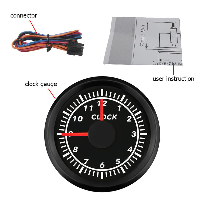 2" /52mm Clock Gauge 12-Hour Meter with Backlight 12V 24V for Car Boat Sedan Motorbike Waterproof Type (Black&Black) Black&Black