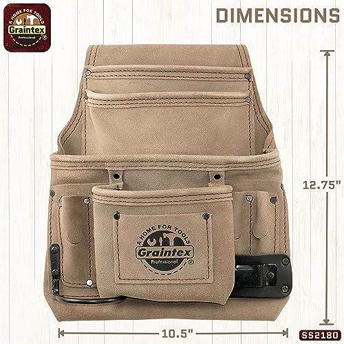 Graintex 10 Pocket Nail & Tool Pouch, Suede Leather Tool Bag, Tool Belt for Constructors, Electricians, Handymen, HVAC Tools, Professional Organizer with Adjustable Fit Beige