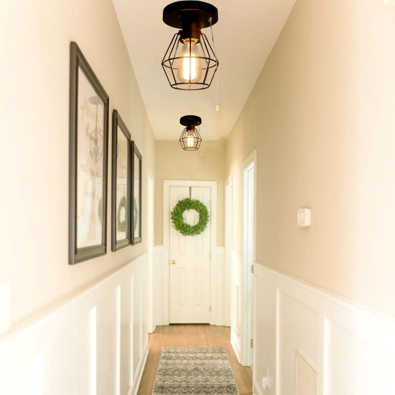 Black Metal Wire Cage Ceiling Light with Pull Chain, 1-Light Modern Industrial Semi Flush Mount Light Small Pull String Entryway Porch Ceiling Light Fixture Edison E26 161 1-light 161