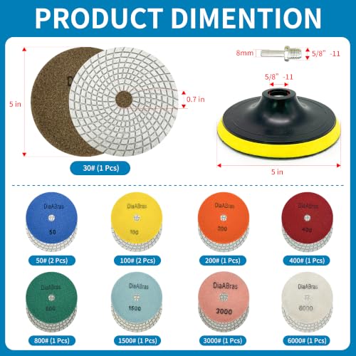 5 Inch Diamond Polishing Pads 13Pcs, 30-6000 Grit Stone Tile Sanding Pads 5-INCH