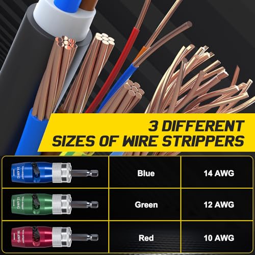 10-14 AWG Wire Stripper & Wire Twister Tool for Drill, with 2 Replacement Blades & 70 Wire Nuts, Fits 1/4" Hex Shaft, AWG 14-12-10 Cable Stripper kit with Storage Case for Wiring Projects & DIY 6Pcs