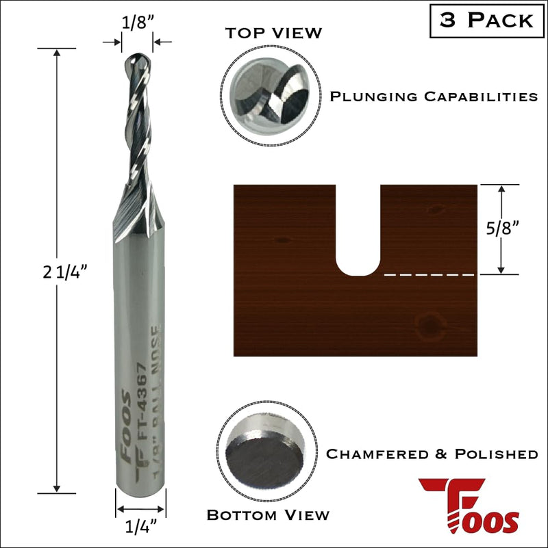 FOOS - Ball Nose Spiral Router Bit Set - Solid Carbide - 1/4” Shanks - Veteran Owned (3pcs 1/4" 3/16" 1/8") 3pcs 1/4" 3/16" 1/8"