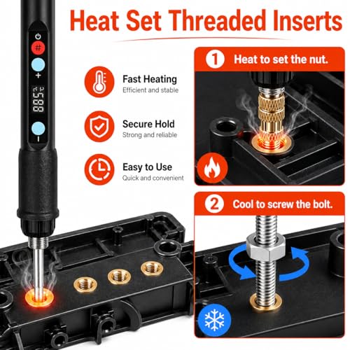 Threaded Inserts - M3 Heat Set Inserts Kit, 360Pcs Brass Heat Set Inserts for 3D Printing & Plastic, with 60W Digital Soldering Iron, Bolts, Nuts, Washers & Wrenches - Complete Fastening Solution