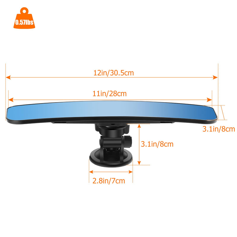 12'' Large Anti Glare Rear View Mirror with Suction Cup, Stick on Universal Frameless Inside Rearview Blue Mirror with Parabolic Wide Angle Mounted on Windshield for Car Marine Auto Boat Truck SUV Van