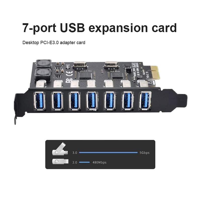 chenyang 7 Port PCI-E 1X to 7 USB 3.0 HUB PCI Express Expansion Card Adapter with 120mm PCI-E Slot Bracket Black 7 Ports