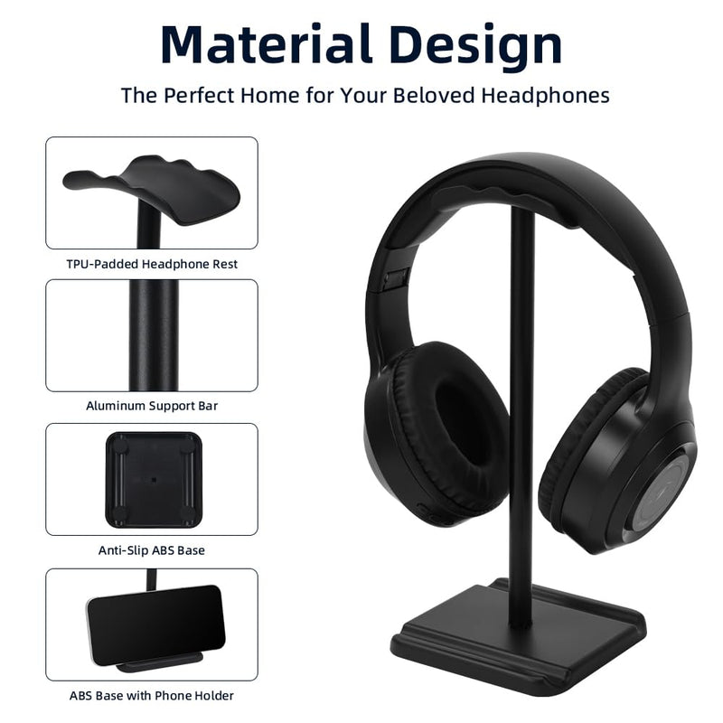 Headphone Stand, Headset Holder with Phone Holder for Desk Office Gaming | TPU-Padded Headrest, Aluminum Pole, Anti-Slip ABS Base, Universal Earphone Stand, 1 Pack Black