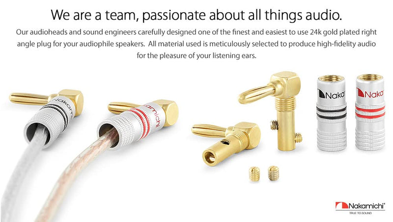 Nakamichi Excel Series 24k Gold Plated Right Angle Banana Plug 12-18 AWG Gauge Size 4mm for Speakers Amplifier Hi-Fi AV Stereo Home Theatre Audio Wire Cable Screw Connector, 4 Pcs (2-Pairs) 4 Pcs (2-Pairs)