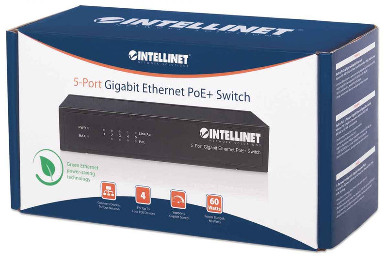Intellinet 5-Port Gigabit Ethernet Poe+ Switch - 60W Power Budget, Power Output up to 30W Per Port, Unmanaged, Metal Case, Fanless - for Computer Networking Hub, Desktop, 3 Yr Mfg Warranty – 561228