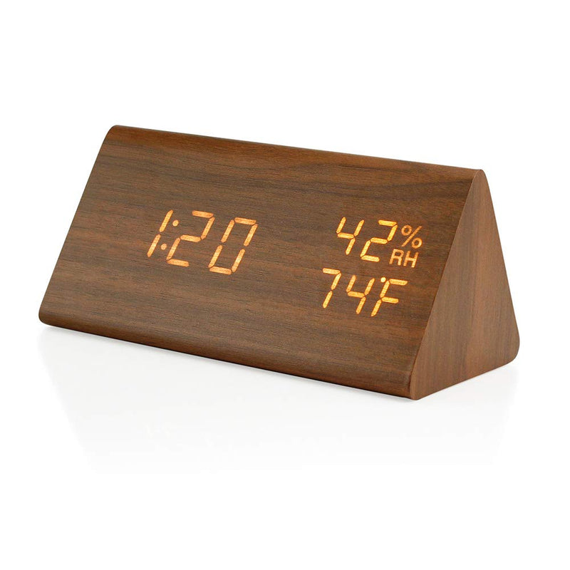 OCT17 Wooden Alarm Clock, Smart LED Digital Clock for Bedroom/desks, Upgraded with Time Temperature, Adjustable Brightness and Voice Control, Humidity Displaying - Brown