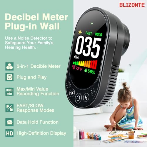 Decibel Meter Plug-in Wall, 3-in-1 Noise Detector(Noise,Temp and Humidity) with Fast/Slow Refresh Rate, MAX/MIN and Data Hold, 30–130 dBA Decibel Range for Rentals, Home, Classroom, Black