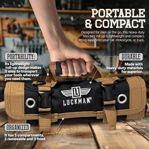 Roll Up Tool Bag – Heavy Duty Tool Bag for Men & Women, Compact Tool Roll Organizer and Tool Kit Storage, Electrician Tool Organizer, Bike Tool Kit for Car, Garage and Outdoor Use (Black) Black
