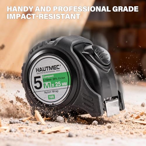  [AUSTRALIA] - HAUTMEC Tape Measure 16ft/5m Dual Scale Metric Measuring Tape, Auto-Lock with Nylon Coated Blade & Rubber Case, for Construction, Woodworking, DIY HT0100-2PC 16ft-2PC